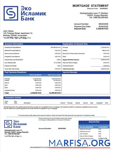 Realistic Kyrgyzstan EcoIslamicBank mortgage statement Word and PDF template